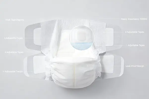 Adult tape diapers with four adjustable tapes and heavy absorbency (1000ml) – leak-proof design for heavy incontinence – OEM from China