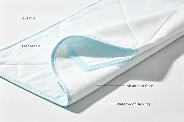 Reusable and disposable bed pads with absorbent core and waterproof PE backing – available in multiple sizes from 40x60cm to 90x180cm – OEM from China