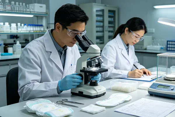 Quality control inspection of baby diapers and sanitary pads in a certified lab