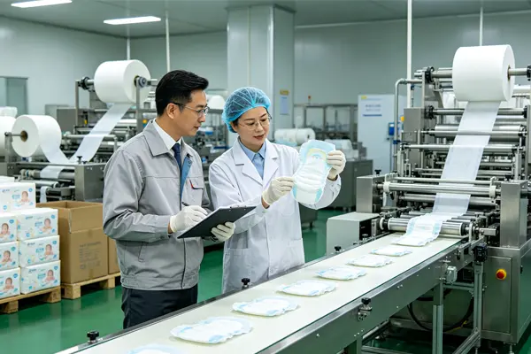 China sourcing agent inspecting baby diapers factory and quality control