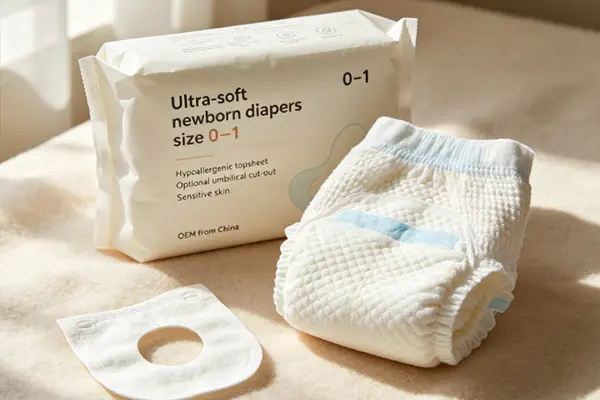 Ultra-soft newborn diapers size 0–1 with hypoallergenic topsheet and optional umbilical cut-out – sensitive skin – OEM from China