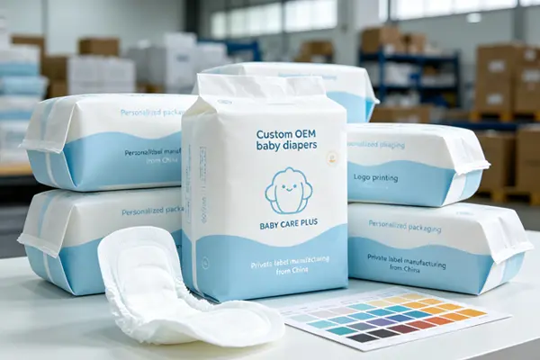Custom OEM baby diapers with logo printing and personalized packaging – private label manufacturing from China