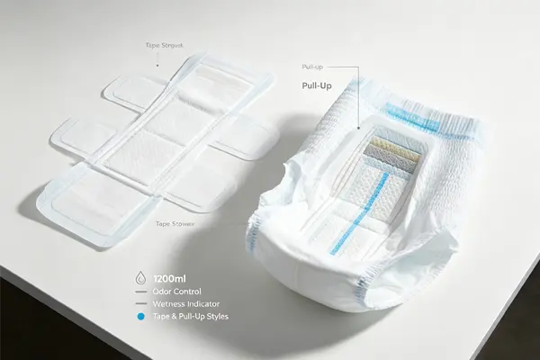 Extended wear overnight incontinence briefs with 1200ml capacity, integrated odor control, and wetness indicator – tape and pull-up styles available – OEM from China