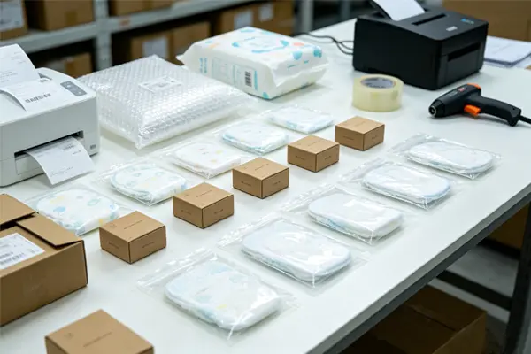 Product samples for baby diapers and sanitary pads ready for express shipping – sample arrangement service from China