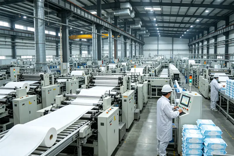 Sanitary pads manufacturing in China - OEM production line at KAIRUI Trading partner factory
